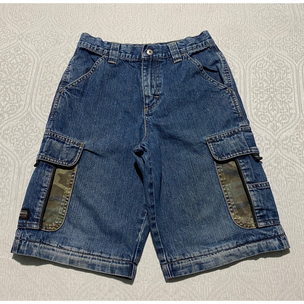Wrangler Boys Denim‎ Cargo Shorts Blue Camo Accents Adjustable Waist Size 10